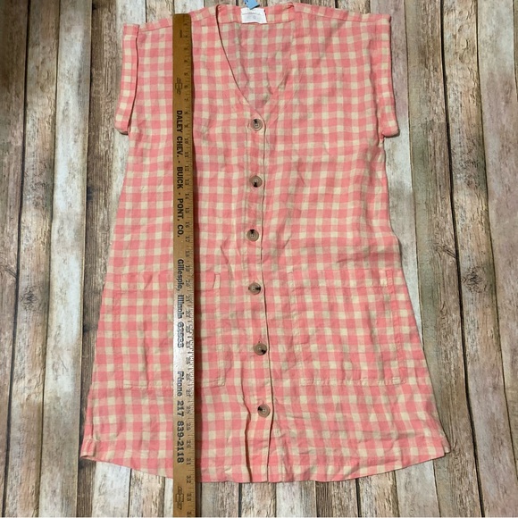 Lou & Grey Linen Gingham Shirtdress Women XSP V-neck Pockets pink & tan check - Picture 2 of 10